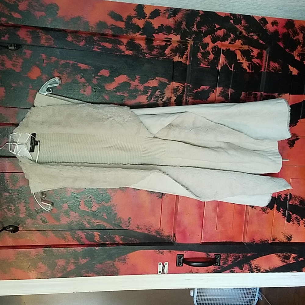 Boho Cozy Knit Vegan Suede/Faux Fur Sleeveless Waterfall Tie-Back Sweater/Vest M